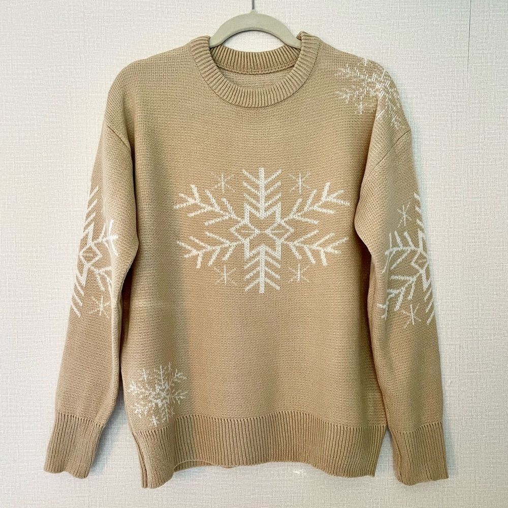 Ladies Snowflake Christmas Sweater, Tan & White, Crewneck, Medium, NWOT